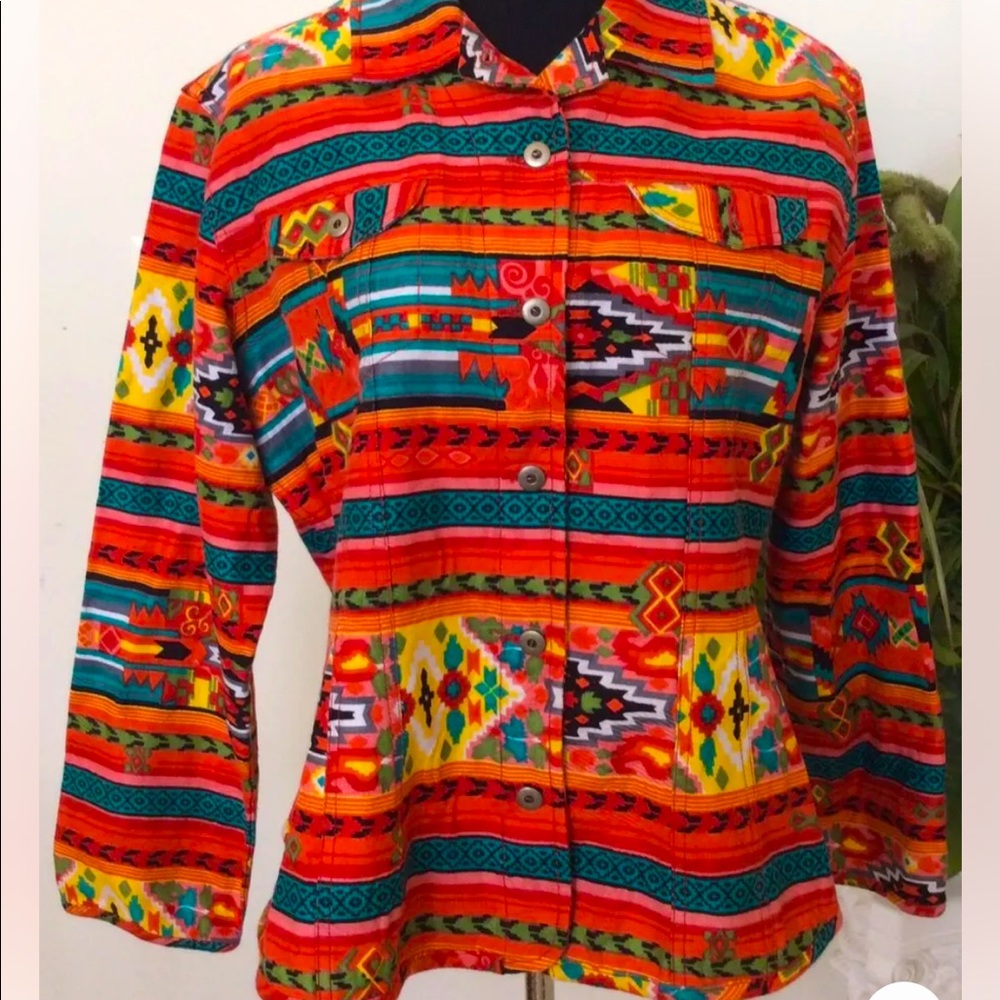Chico's Women'sTwill Multi-Color Cotton Aztec Boho Blazer Shirt Jacket‎ Size 3